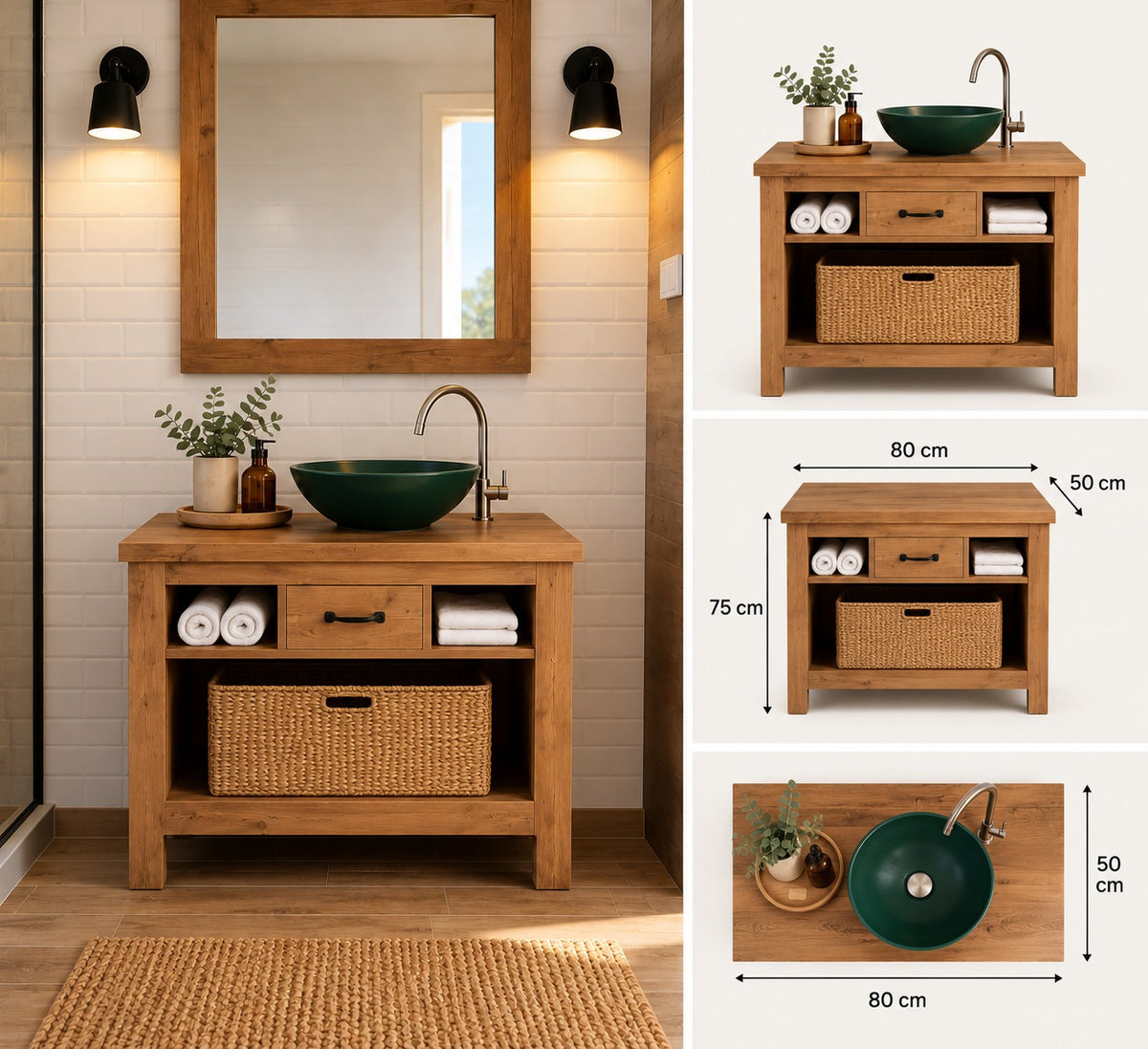 Edina Bathroom Cabinet for 1 washbasin 80 cm x 50 cm x 75 cm in rustic style, solid wood
