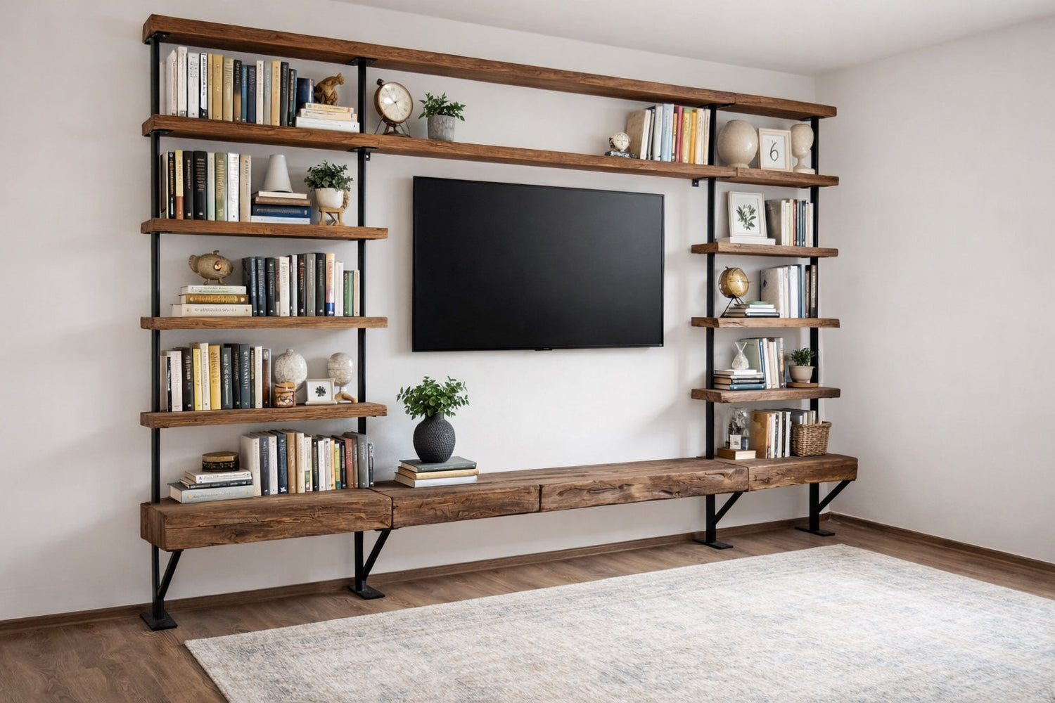Raft din lemn cu design simplu și rezistent, ideal pentru depozitarea și expunerea obiectelor decorative sau a cărților.