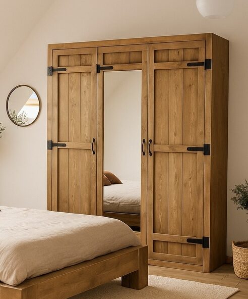 Un dulap rustic cu 3 usi intr-o camera