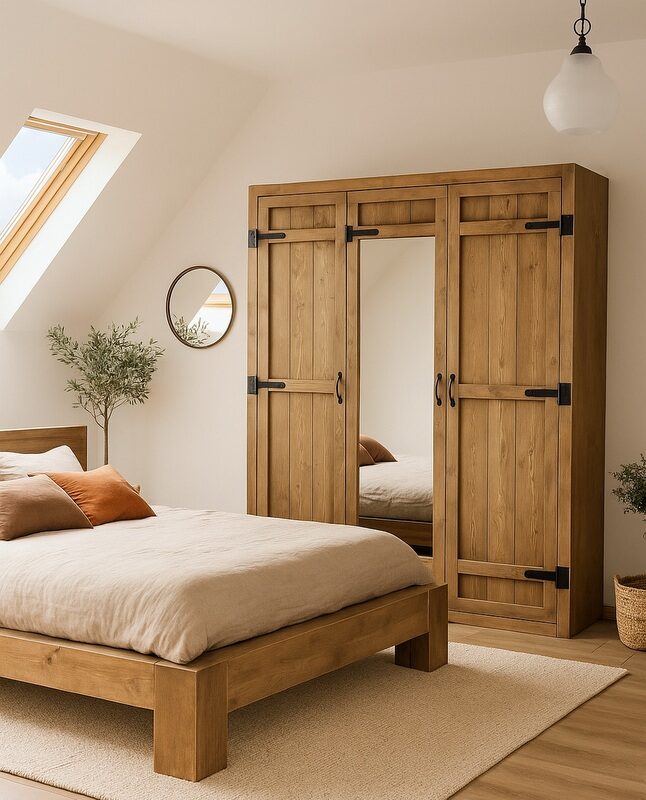 Un dulap rustic cu 3 usi intr-o camera