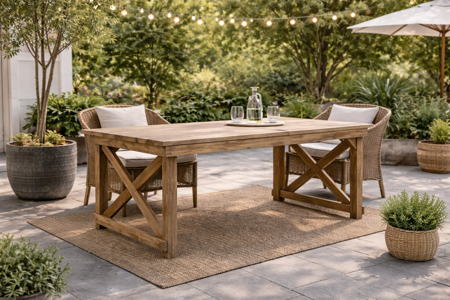 O masa din lemn masiv pin in gradina