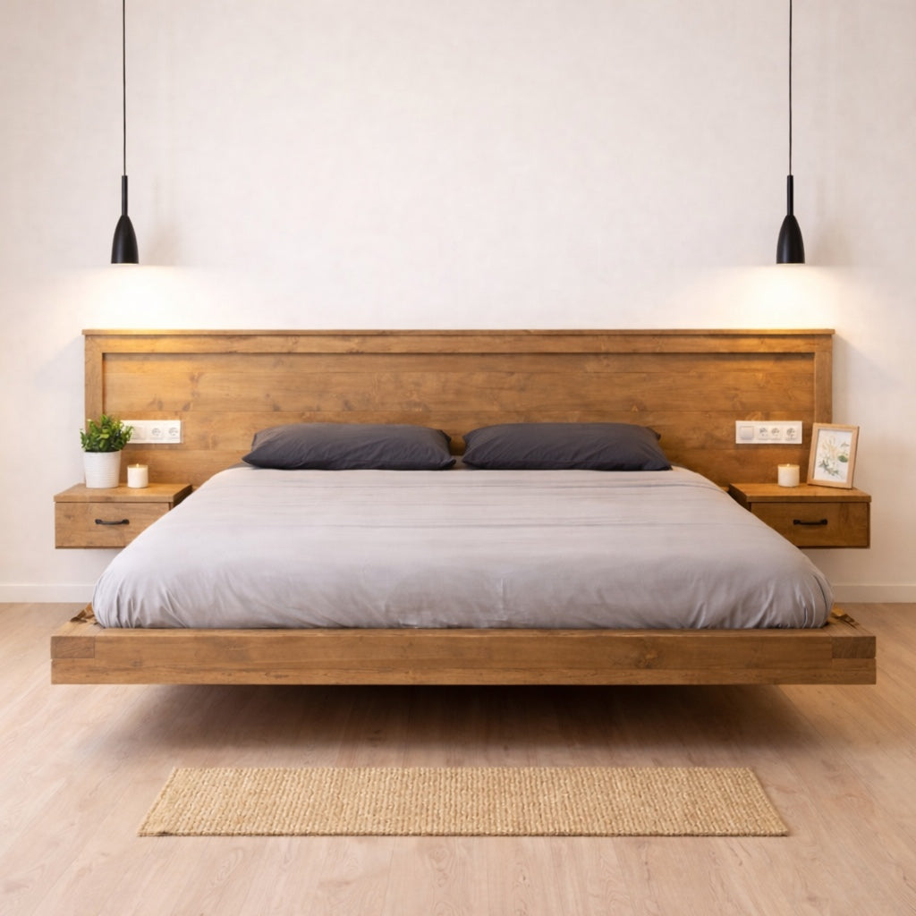 Pat din lemn cu noptiere