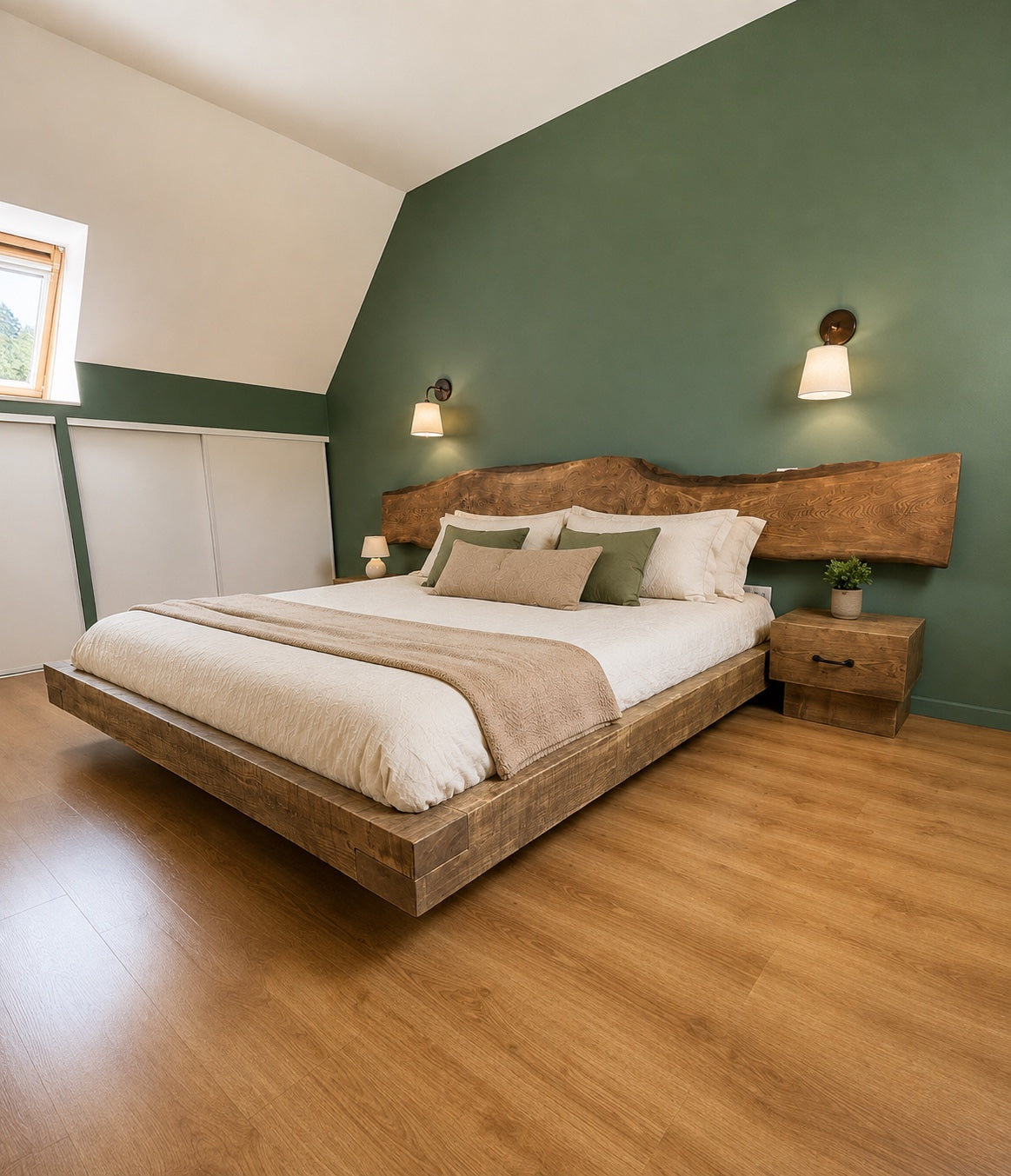 Un pat din grinzi rustic in dormitor