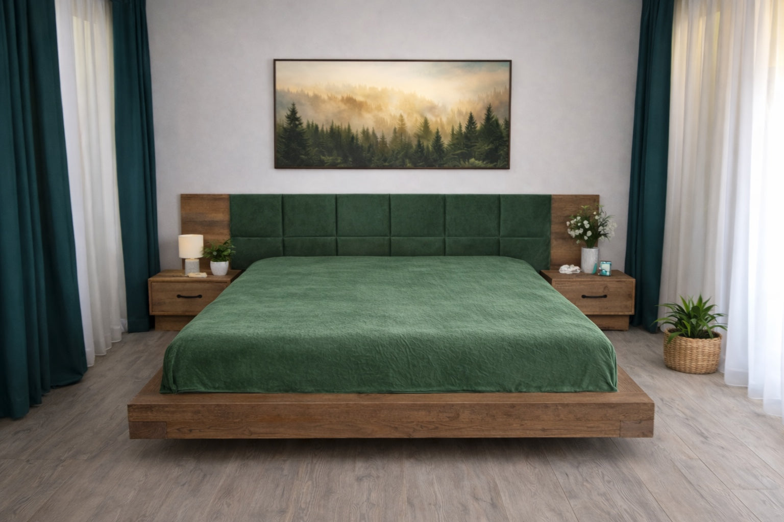 Un pat rustic in camera cu noptiere