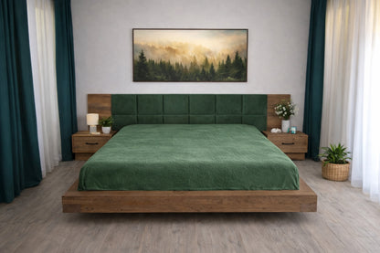 Un pat rustic in camera cu noptiere