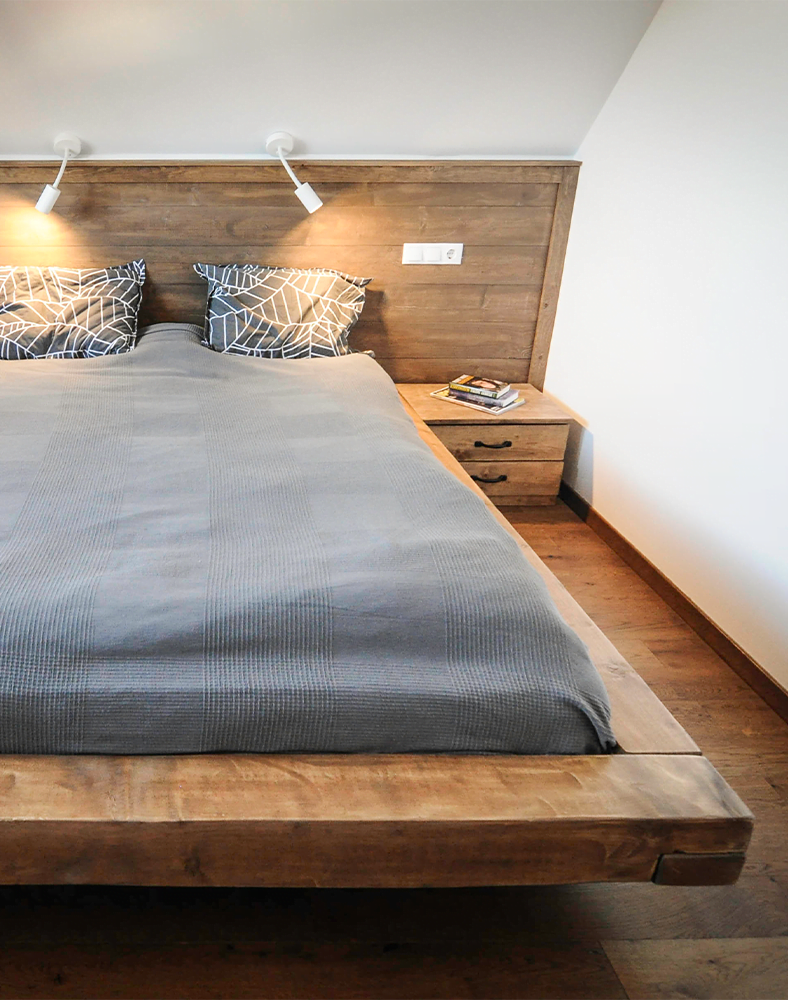 Beam bed, solid wood, rustic, Attila model 