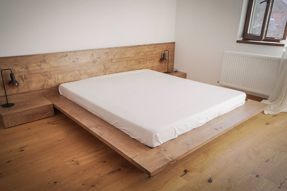 Beam bed, with bedside tables, solid wood, rustic, Andrei model