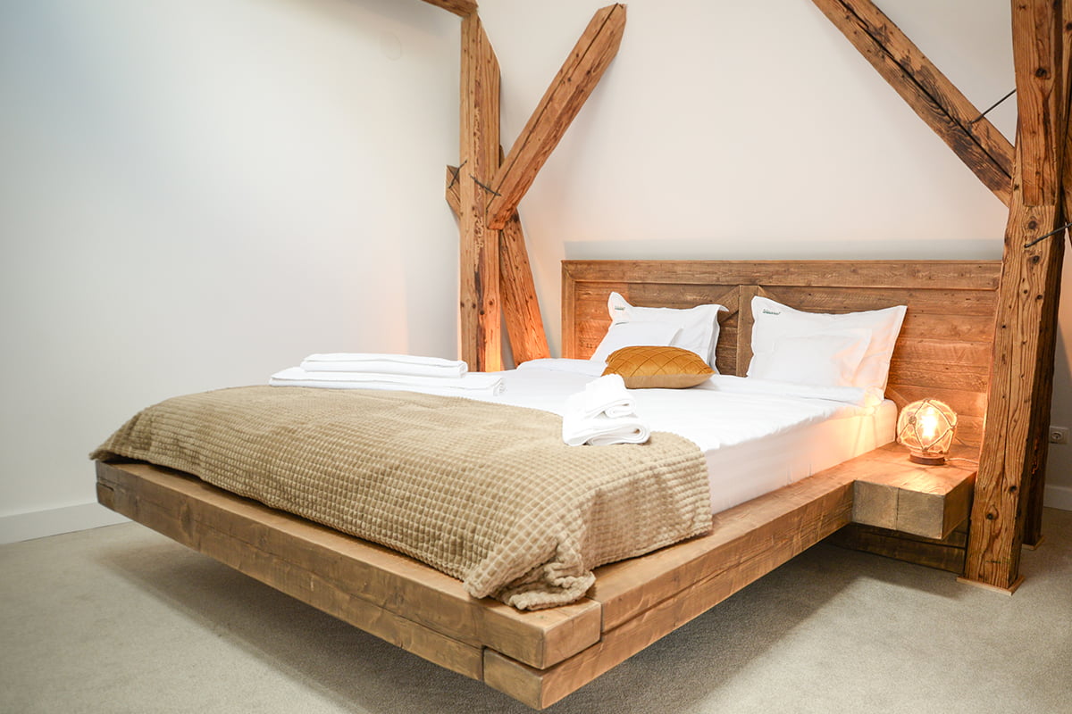 Beam bed, with bedside tables, solid wood, rustic, Daan model