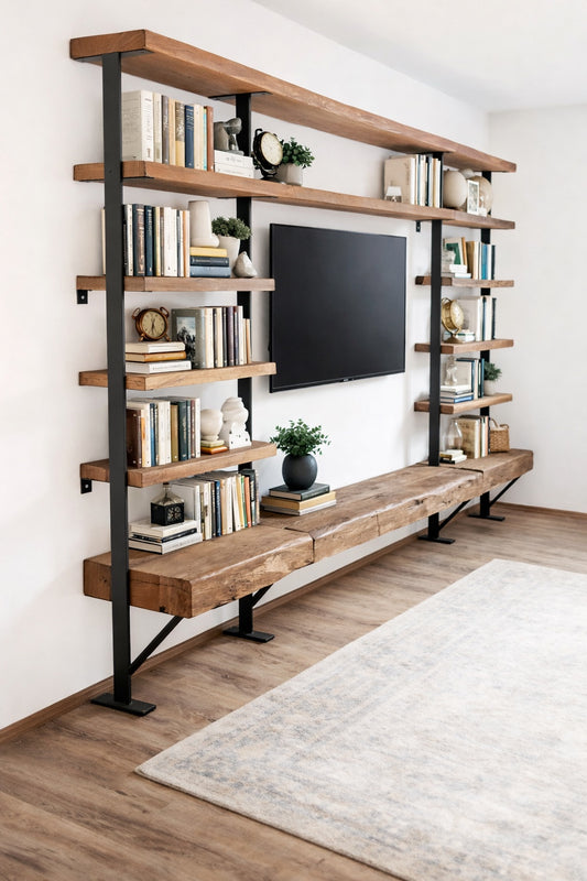 Un raft de carti din stejar cu cadru din metal