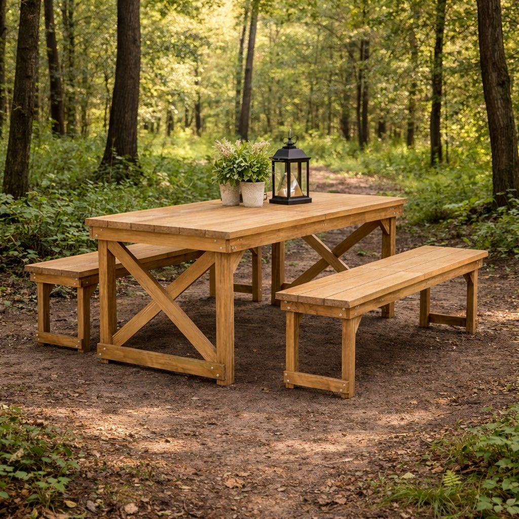 Un set de masa cu doua banci rustic