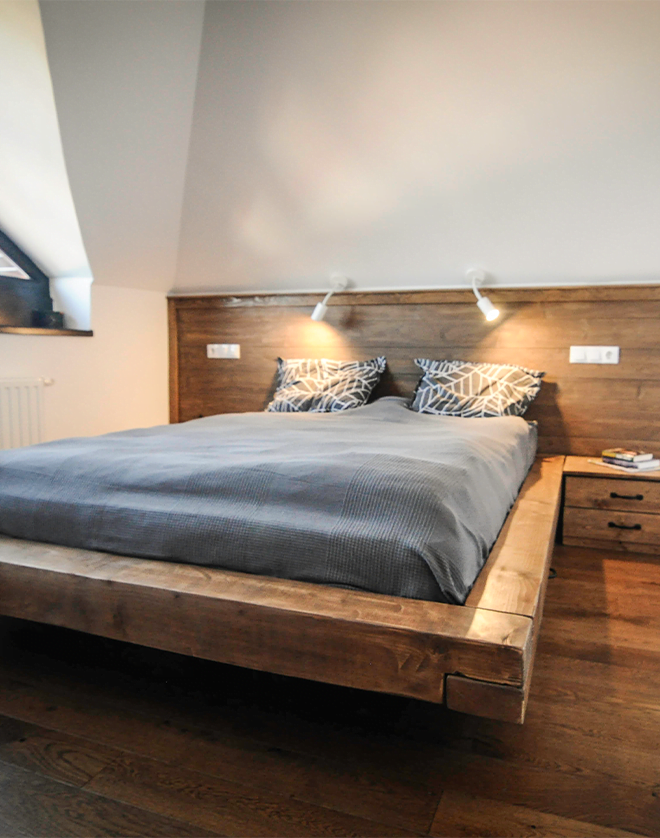 Beam bed, solid wood, rustic, Attila model 