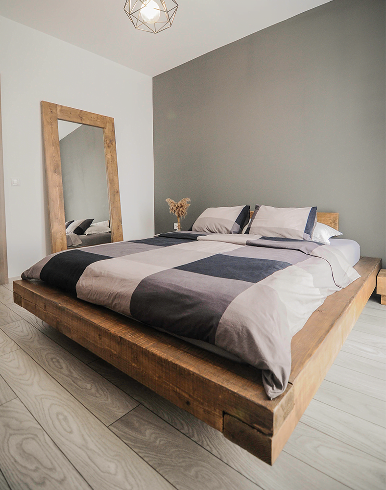 Beam bed, solid wood, rustic, Madalin model